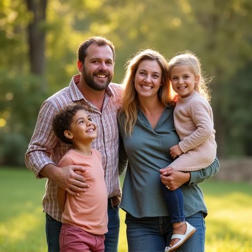 Gambar potret sebuah keluarga yang gembira di sebuah taman.