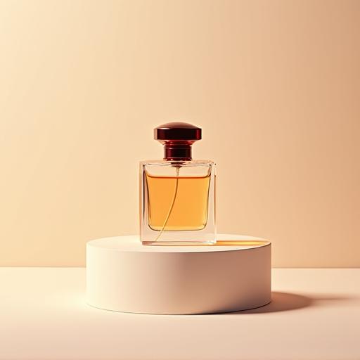 Gambar produk sebotol minyak wangi yang diletakkan secara artistik dengan latar belakang neutral.