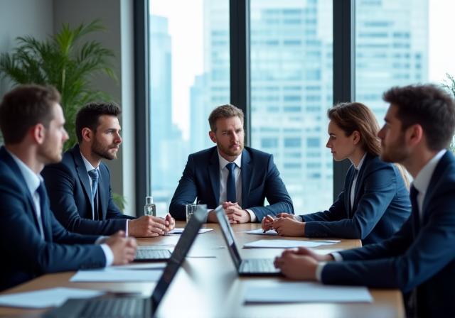 Ahli lembaga pengarah sedang bermesyuarat di dalam bilik persidangan moden.
